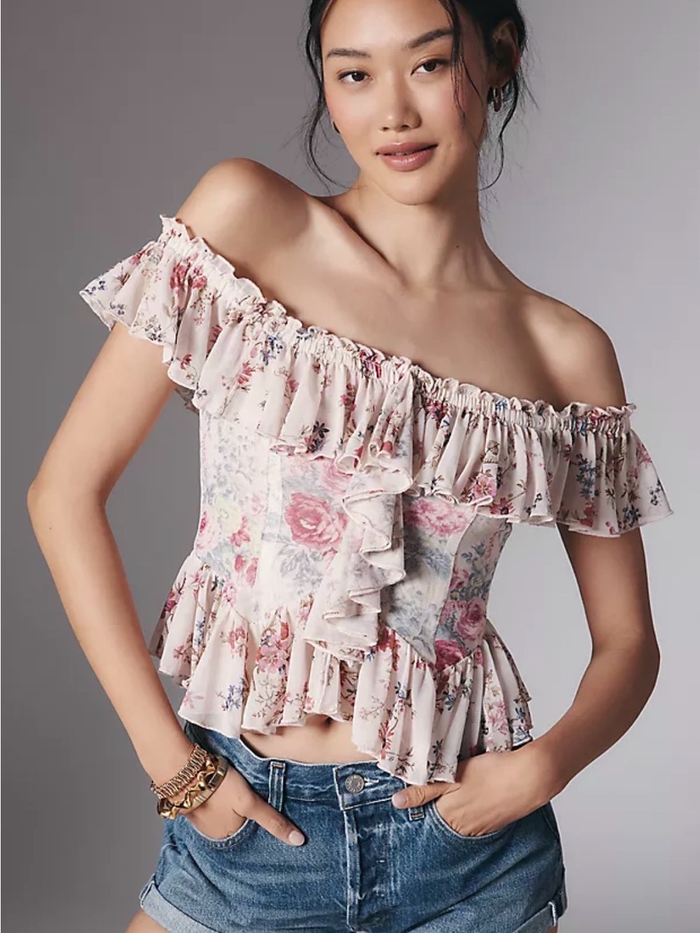 Anthropologie Off the Shoulder Mesh Floral Top